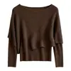 Suéter de punto de manga larga estilo coreano de dos piezas falsas para mujer, jersey de otoño, corte ajustado, elegante chal, top de dos piezas falsas