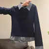 Camiseta Patchwork Estilo Preppy Coreano Falsa Duas Peças Manga Longa para Mulheres na Primavera e Outono Top Gola Polo Emagrecedor e Rejuvenescedor