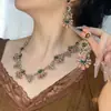 Brincos de Colar Pingente Flor de Diamante Encrustada Pedra Olho de Gato Estilo Palácio Retrô Doce Luxo Moda Joias Elegantes
