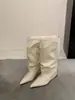 Botas pontudas de salto bloco estilo europeu e americano para mulheres, botas longas de couro genuíno para aumentar a altura no inverno, botas de cavaleiro emagrecedoras, botas de calçar para perna de calça, abaixo do joelho