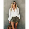 Enviado: Nueva Moda Europea y Americana para Mujer, Cuello en V, Volantes, Color Sólido, Manga Larga, Camisa Versátil