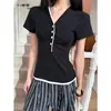 6.2 Nueva camiseta de Tencel INSS con cuello en V y botones para mujer, adecuada para ir al trabajo, efecto de dos piezas, bloques de color, corte ajustado, top versátil 98093