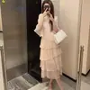 Vestido de cuello redondo con mangas con volantes, falda de varios niveles hasta la rodilla, caída suave, vestido de hada de gasa