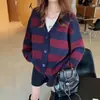 Cárdigan de punto a rayas con cuello en V, hombros caídos, ajuste holgado casual, chaqueta suéter para mujer, prenda exterior versátil