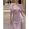 Vestido Francês Elegante Sofisticado Socialite Banquete Manga Folha de Lótus Roxa Renda Feminino Estilo Deusa de Verão Senso Sofisticado