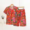 Traje Curto de Verão Feminino Algodão Seda Manga Curta Roupas de Casa Algodão Artificial Duas Peças Gola Redonda Fino Simples Casual Desenho Animado