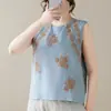 Bordado Floral Novo Estilo Chinês Sem Mangas Top Feminino Verão Novo Temperamento Preguiçoso Gola Redonda Camisa Colete Fina