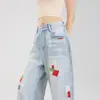 Jeans Wide Leg de Cintura Alta Bordado Personalizado para Mulheres 2025 Novo Slim e Fluido para Silhueta Pera Calças Soltas de Comprimento Total