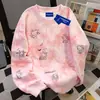 Diseño Americano Estilo Coreano Tie-Dye Lindo Estampado de Dibujos Animados Sudadera de Cuello Redondo para Mujer Otoño e Invierno Top de Gato Kitty