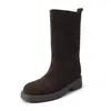 Botas tipo chimenea de cuero de vaca muy versátiles, suela gruesa, otoño/invierno 2026, tacón medio robusto, punta redonda, botines de cuero genuino sin cordones hasta la mitad de la pantorrilla para mujer