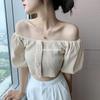 Camiseta corta francesa de manga corta abullonada y cintura alta, estilo coreano, con ombligo al descubierto y cuello de clavícula sexy para mujer