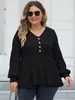 Novo Suéter de Lã Canelada Feminino Plus Size Outono e Inverno com Barra Flare, Mangas Sino e Decoração de Botões Malha