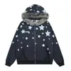 Sudadera con capucha y estampado de estrellas retro americano con cuello de pelo para hombre y mujer, nuevo diseño de otoño, chaqueta holgada casual moderna