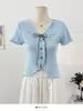 Camiseta de Manga Corta con Volantes y Cordones en V de Diseño Estilo Coreano para Mujer Primavera 2026 Top Corto Adelgazante de un Solo Botón