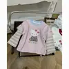 Blusa de Manga Larga de Dibujos Animados de Gato KT para Niñas, Otoño, Cuello Redondo Color Block, Falso Dos Piezas, Elegante Patchwork de Rayas, Manga Larga Fina para Ropa de Abrigo