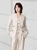 Traje de Negocios de Alta Gama Cruzado con Mangas Largas y Cuello Pequeño para Viajes Diarios, Chaleco y Pantalones para Mujer, Nueva Tendencia Otoño e Invierno