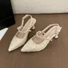 Sandalias de tacón alto para mujer zapatos cerrados de punta única estilo francés con flores tacón fino Mary Janes falda verano perla punta fina espalda descubierta 2026