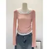 Blusa Feminina Manga Longa Color-Blocking Falsa de Duas Peças para a Primavera de 2026, Blusa Base Ajustada ao Corpo com Cintura Franzida, Top Camiseta Estilo Puro Desejo