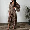 Conjunto de 3 Peças Estampa de Leopardo Confortável Amigo da Pele Roupão Longo Roupão de Banho Roupão de Manhã Shorts de Pijama Conjunto de Roupa para Casa Feminino