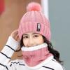 Gorro de punto de invierno para mujer, con bola de pelo y forro polar, protección para las orejas, conjunto cálido de dos piezas, gorro, bufanda, etiqueta con letras, gorro de lana de punto