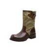 Botas vaqueras de lona con bloques de color que aumentan la altura con hebilla de cinturón retro, botas de media pantorrilla con tacón grueso de 5 cm, botines casuales para exteriores para mujer