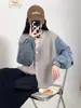 Cárdigan de Punto con Mezcla de Mezclilla 2025 Otoño e Invierno Nuevo Estilo Coreano Holgado Casual Versátil Chaqueta Suéter de Cuello V Tendencia para Mujer