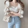 Coreano chique estilo francês suave emagrecimento quadrado clavícula top design plissado puff manga camisa chiffon para as mulheres