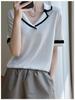 Camiseta de verano con cuello de traje, punto de lana peinada de manga corta para mujer, jersey de seda helada suelto y delgado, abrigo de una generación de cabello