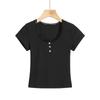 Camiseta Feminina Delicada de Renda Manga Curta Verão 2024 Nova Gola U Lisa Slim Fit Top Justo