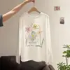 Camiseta de manga comprida de algodão puro, estilo coreano, doce e casual, estampada, de corte solto, para mulheres, design de verão, top da moda