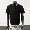 Camiseta de Manga Corta de Punto de Seda Helada con Cuello Henry para Hombre, Camiseta de Verano con Hombro Derecho, Top de Media Manga Elegante y Atractivo