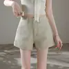 Shorts Jeans Casual de Perna Larga Cor Laranja Juvenil # Cáqui para Mulheres, Cintura Alta, Caimento Solto, Emagrecedor, Estiloso, Realça a Altura, Calça Reta Versátil