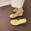 Sandalias de Tira Fina con Tanga y Tacón de Cuña Estilo Coreano para Mujer, Nuevo Estilo Hada Verano 2026, Adecuadas para Usar con Faldas, Sandalias de Playa