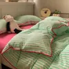 Juego de ropa de cama de cuatro piezas simple clase A 100% algodón puro algodón lavado, sábana de cama con bloques de color estilo ins, sábana bajera, funda de edredón, juego de tres piezas 4