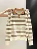Suéter Polo de Punto Rayado Color Block Melanoid para Mujer Primavera Otoño Invierno Canalé Bloque de Color Ajuste Delgado Manga Larga Top Sencillo
