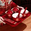 Taza de Té, Bol y Palillos de Boda, Brindis de Boda, Juego de Té Rojo de Dote, Bol de Brindis y Boda, un Par de Artículos de Boda