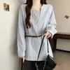 Roupas femininas plus size coleção outono 2026, design único, falso duas peças, moderno, acinturado, blusa casual de manga longa com cinto