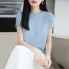 Tejido de punto Tencel texturizado, amigable con la piel y transpirable, estilo nuevo, prenda exterior con mangas, suéter de color liso, borde enrollado, cuello redondo, mangas cortas de punto