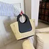 Bolso de Mano Tejido de Paja de Moda para Mujer Verano 2026 Nuevo Gran Capacidad Asa Redonda Patchwork de Cuero Bolso Casual de Viaje