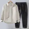 Novo terno de linho para homens de comércio exterior transfronteiriço: conjunto de duas peças de algodão e linho, tamanho grande, camisa de cor sólida + calça casual reta