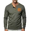 Camiseta de Hombre Amazon Transfronteriza Europea y Americana de Pana Retro Manga Larga con Bolsillos en Contraste Camisa Henley Casual