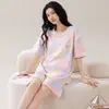 Pijama de verão feminino com bojo embutido, 100% algodão, manga curta, shorts, gola redonda, sem botões, estampa de desenho animado, pode ser usado fora de casa como roupa de casa