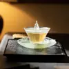 Tazón de Té Zen Azul Cielo Minimalista Hecho en Fábrica con Tapa, Taza de Té Tradicional de Vidrio, Juego de Té Kung Fu de Vidrio Hecho a Mano