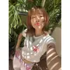 Camiseta Estilo Americano Chica Picante Estampado Floral de Manga Corta para Mujer, Diseño de Verano, Top Corto Ajustado de Nicho Dulce y Picante