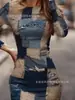 Vestido Bodycon de Manga Larga Estilo Callejero Vintage Ajustado con Estampado de Patchwork de Mezclilla Sintética Nuevo Estilo Otoño 2025