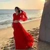 Conjunto de vestido longo de chifon vermelho e saia para férias na praia, adequado para ir à praia