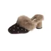 Novedad Otoño/Invierno Diadema de Piel de Lunares Medias Zapatillas Puntiagudas Tacón Grueso Tacones Altos Para Uso en Exteriores Forro de Felpa Zapatos de Moda Talla Grande para Mujer
