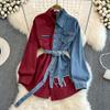 Cinto elegante estilo Hong Kong retrô acinturado com combinação de cores Camisa jeans Feminina Primavera Nova blusa casual chique de comprimento médio
