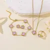 Pulsera, Pendientes, Anillo de Trébol de Cuatro Hojas de Nácar de Doble Cara de 13 mm de Venta Caliente Transfronteriza, Juego de Cuatro Piezas al por Mayor desde el Fabricante