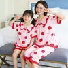 Pijama de verão infantil para meninas, manga curta, algodão penteado, estilo coreano, gola princesa, combinando com os pais, para meninas mais velhas, pijama de bebê menina, roupa de casa